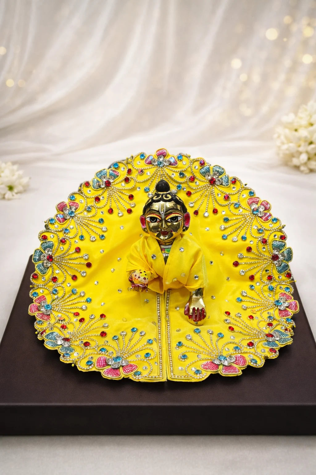 Stone work yellow colour Laddu Gopal dress handcrafted festive shringar poshak