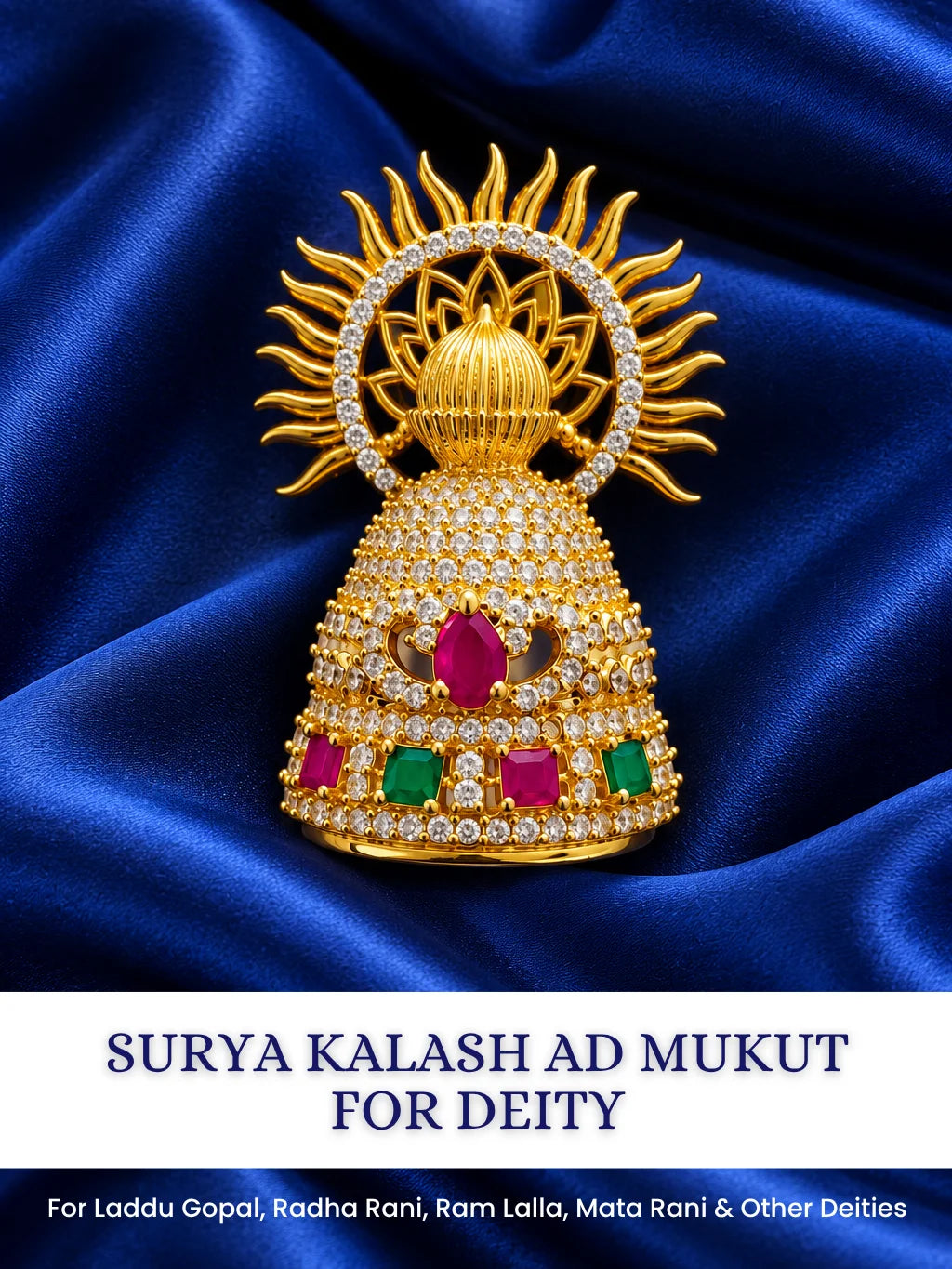 Shop Surya Kalash AD Mukut for Deity with radiant Surya-inspired styling, Kalash-inspired artistry and sparkling AD work for grand divine shringar.
