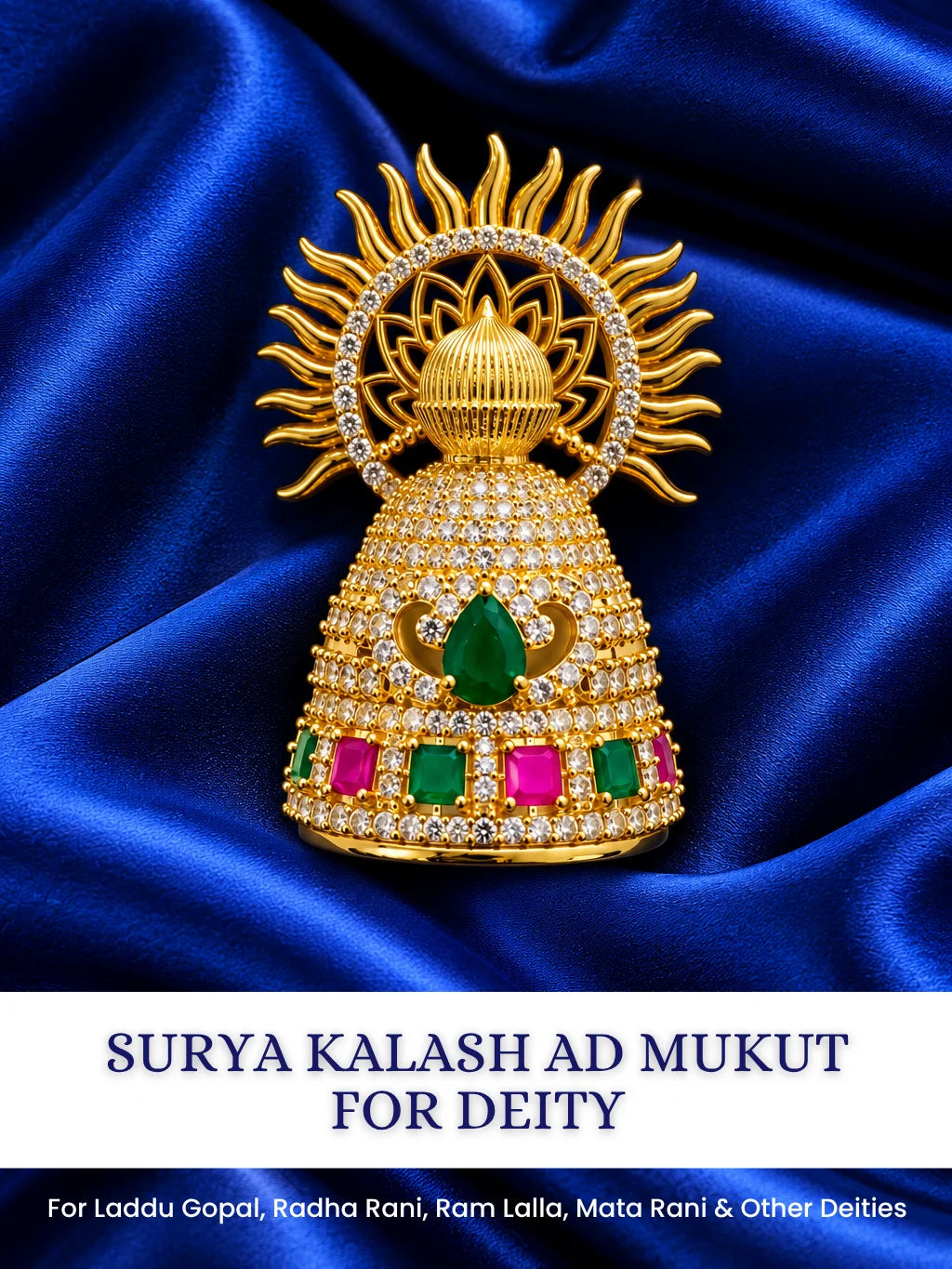 Shop Surya Kalash AD Mukut for Deity with radiant Surya-inspired styling, Kalash-inspired artistry and sparkling AD work for grand divine shringar.
