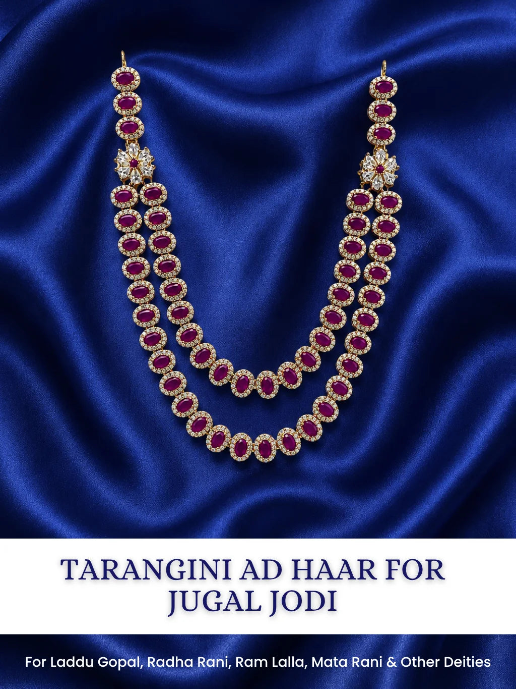 Tarangini AD Haar for Jugal Jodi, featuring sparkling AD stones and graceful layered styling for elegant Radha Krishna shringar.
