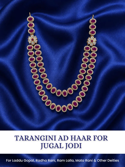 Tarangini AD Haar for Jugal Jodi, featuring sparkling AD stones and graceful layered styling for elegant Radha Krishna shringar.
