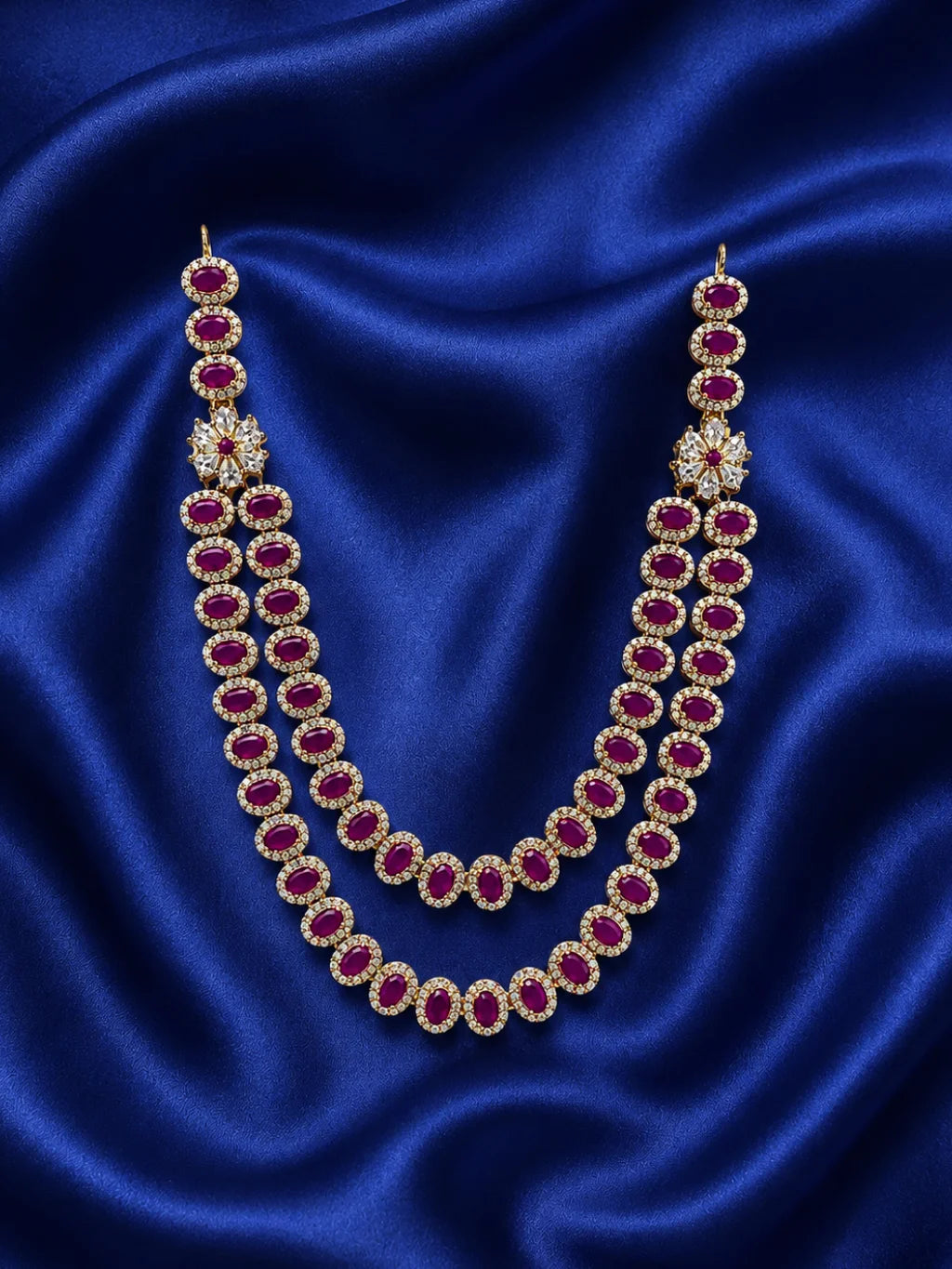 Tarangini AD Haar for Jugal Jodi, featuring sparkling AD stones and graceful layered styling for elegant Radha Krishna shringar.

