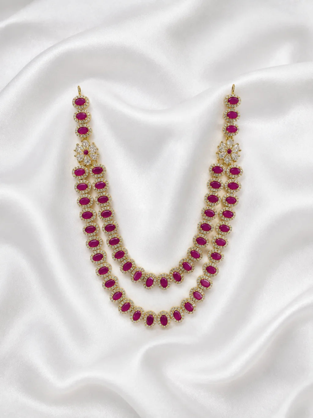 Tarangini AD Haar for Jugal Jodi, featuring sparkling AD stones and graceful layered styling for elegant Radha Krishna shringar.
