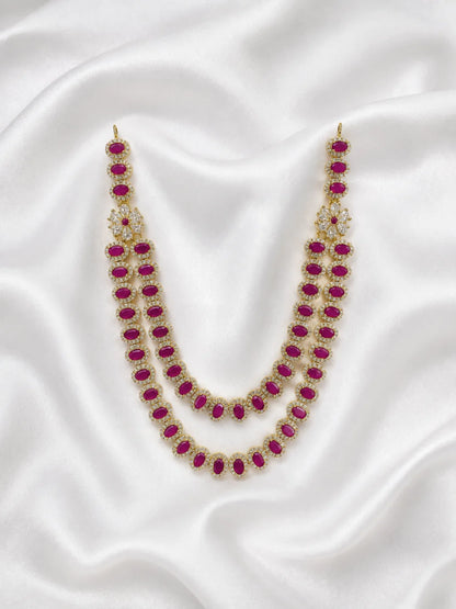 Tarangini AD Haar for Jugal Jodi, featuring sparkling AD stones and graceful layered styling for elegant Radha Krishna shringar.
