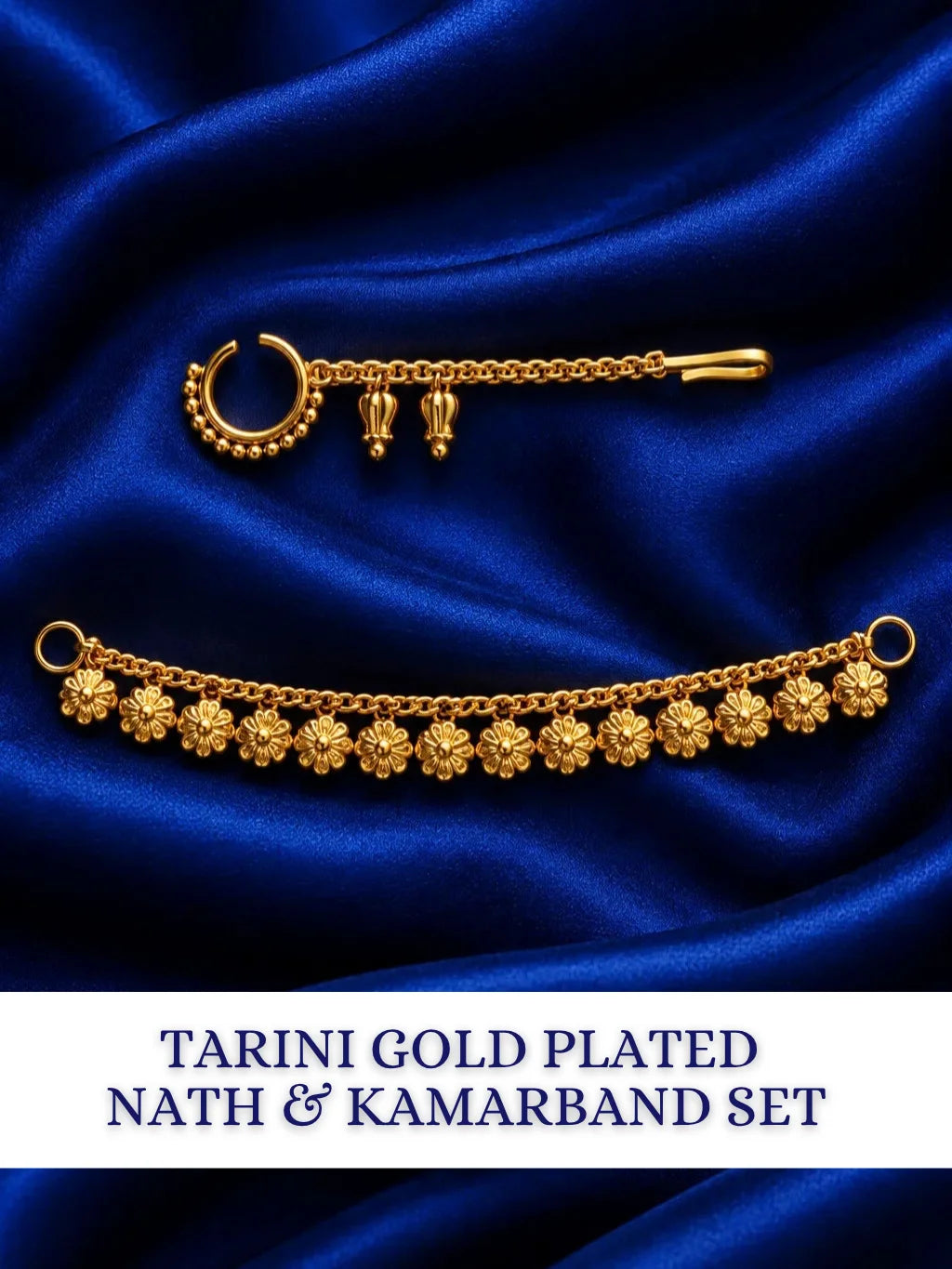Tarini Gold Plated Nath & Kamarband Set for Deity with graceful traditional styling. An elegant jewellery set for Radha Rani and festive shringar.
