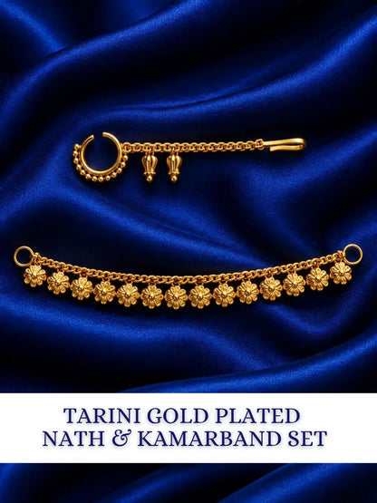 Tarini Gold Plated Nath & Kamarband Set for Deity with graceful traditional styling. An elegant jewellery set for Radha Rani and festive shringar.
