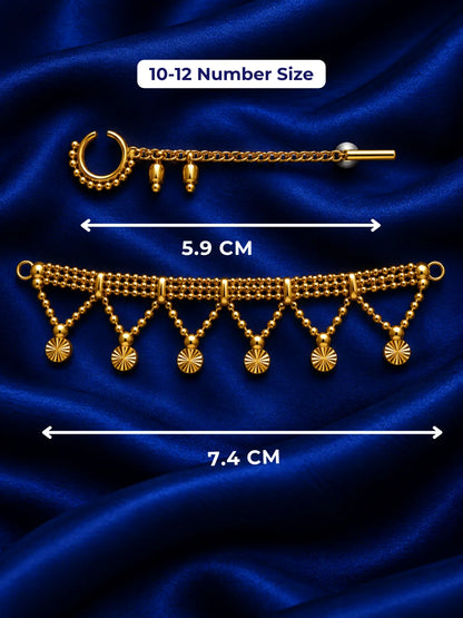 Tarini Gold Plated Nath & Kamarband Set for Deity with graceful traditional styling. An elegant jewellery set for Radha Rani and festive shringar.
