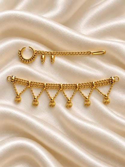 Tarini Gold Plated Nath & Kamarband Set for Deity with graceful traditional styling. An elegant jewellery set for Radha Rani and festive shringar.

