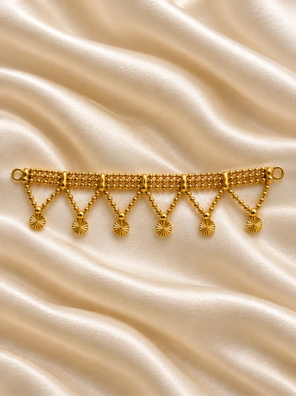Tarini Gold Plated Nath & Kamarband Set for Deity with graceful traditional styling. An elegant jewellery set for Radha Rani and festive shringar.
