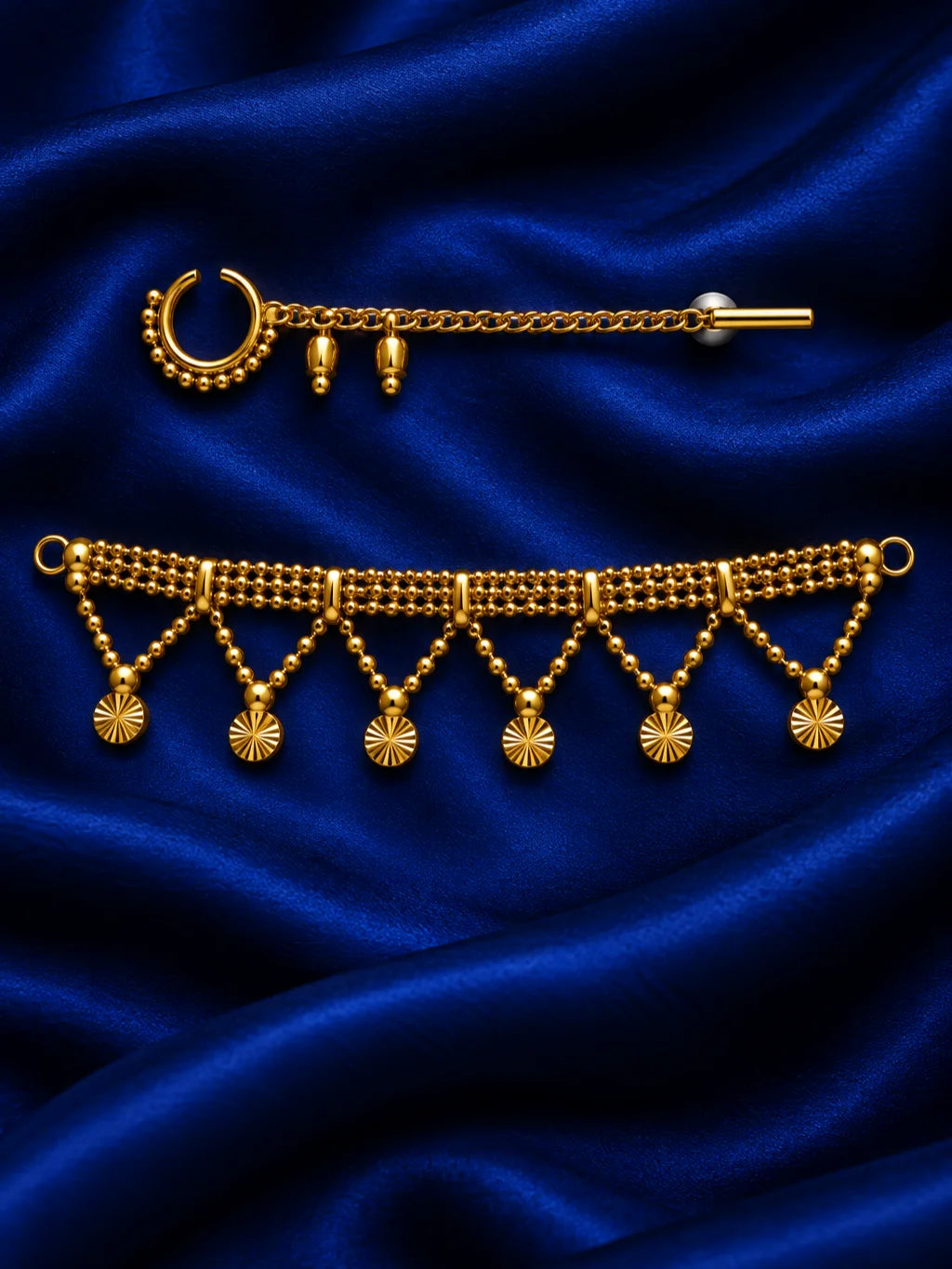 Tarini Gold Plated Nath & Kamarband Set for Deity with graceful traditional styling. An elegant jewellery set for Radha Rani and festive shringar.
