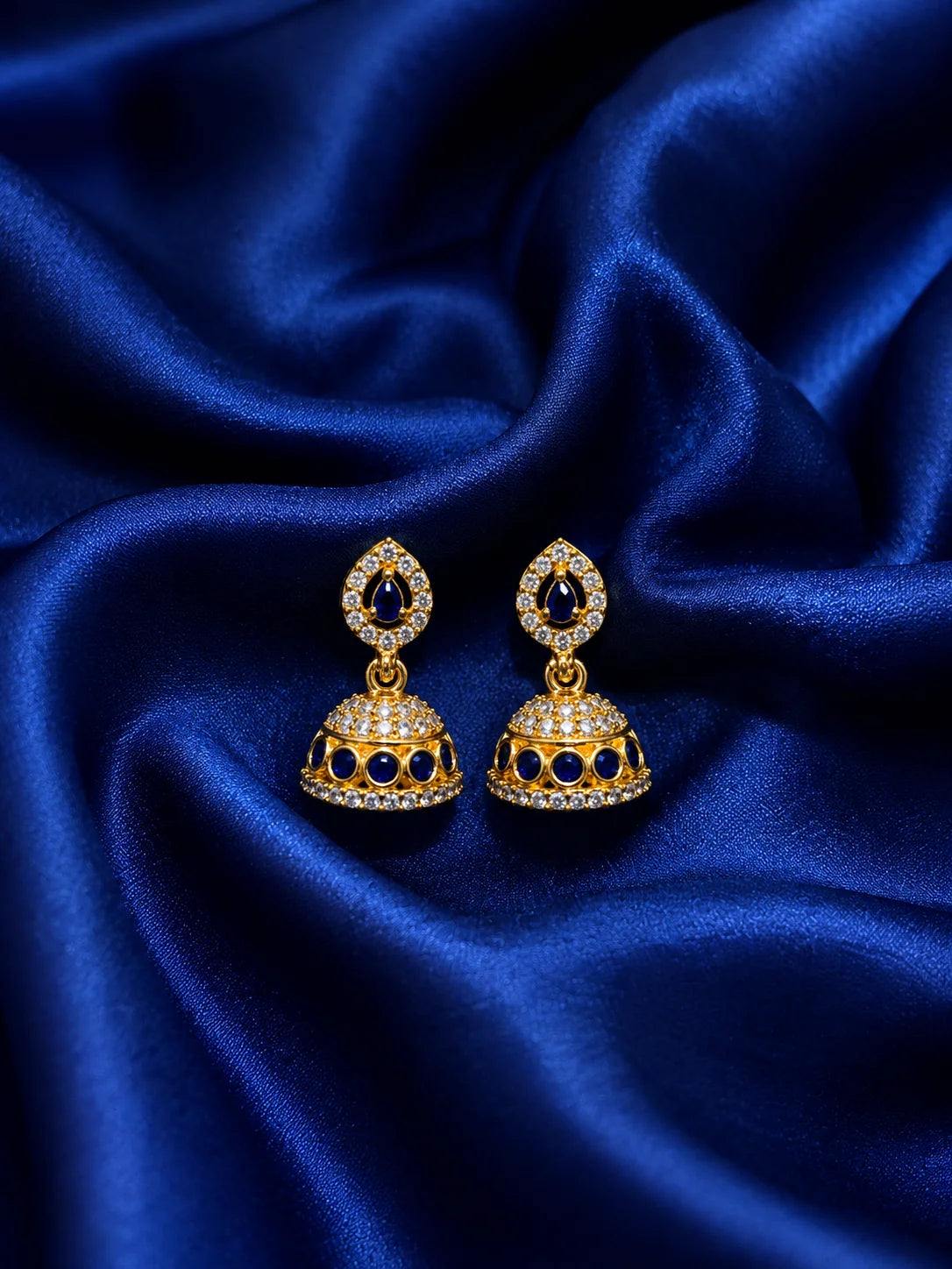 Premium gold polish teardrop jhumki earrings with sparkling white American Diamonds for Ladoo Gopal Ji shringar
