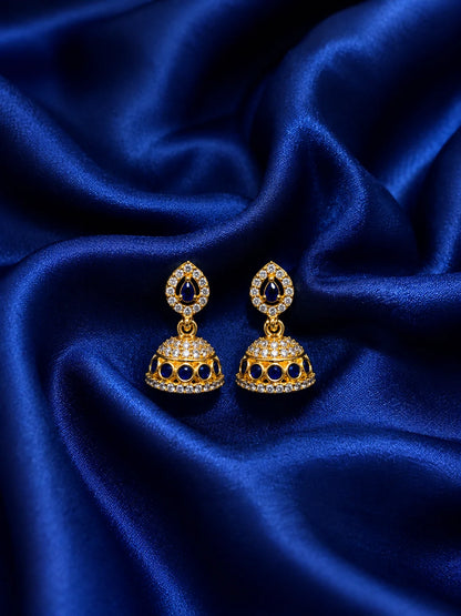 Premium gold polish teardrop jhumki earrings with sparkling white American Diamonds for Ladoo Gopal Ji shringar