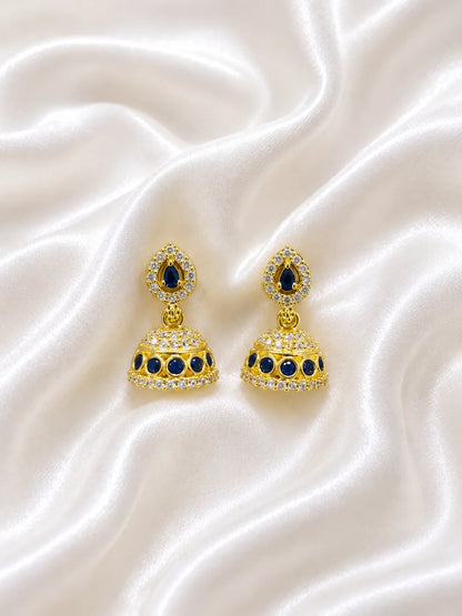 Premium gold polish teardrop jhumki earrings with sparkling white American Diamonds for Ladoo Gopal Ji shringar