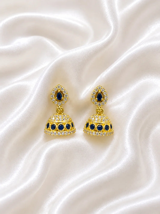 Premium gold polish teardrop jhumki earrings with sparkling white American Diamonds for Ladoo Gopal Ji shringar