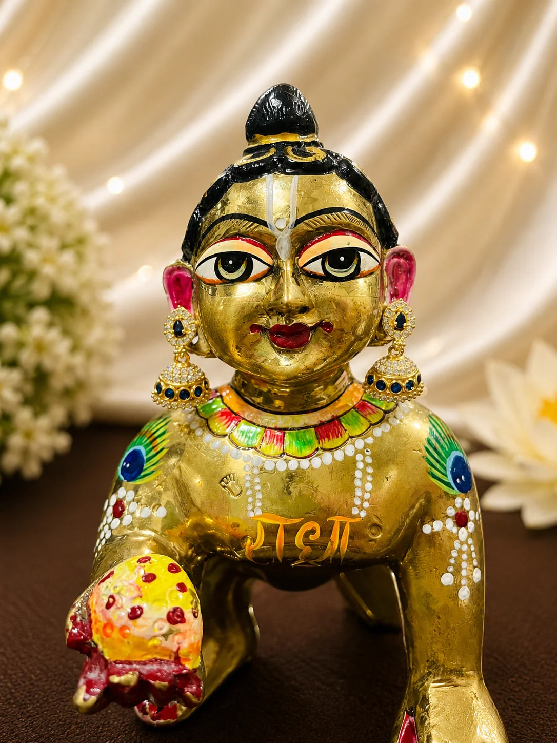 Premium gold polish teardrop jhumki earrings with sparkling white American Diamonds for Ladoo Gopal Ji shringar