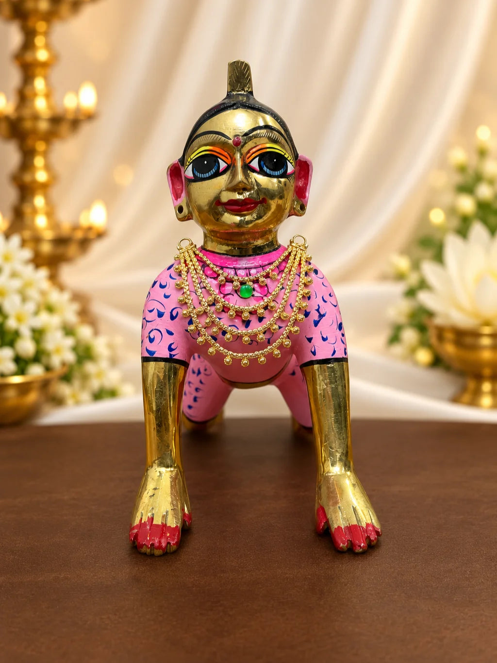 Temple Tarang Gold Plated Haar for Deity featuring graceful wave-inspired detailing and a rich temple-style finish. Perfect for Laddu Gopal & festive shringar.
