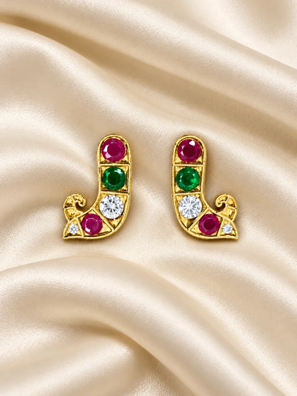 Shop Triratna AD Earrings for Deity with ruby-red, emerald-green and sparkling white stones. Elegant multicolor jewellery for divine festive shringar.
