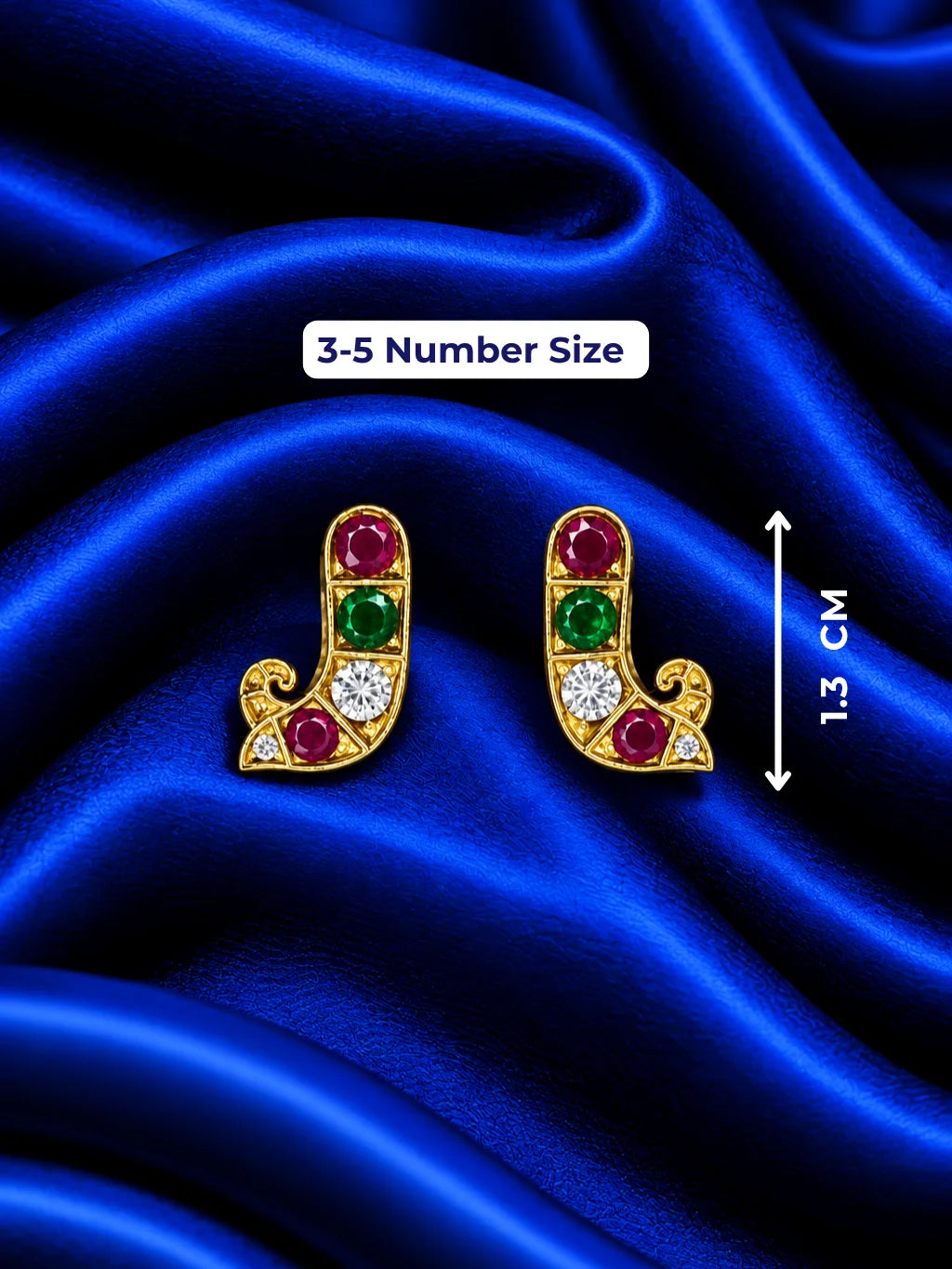 Shop Triratna AD Earrings for Deity with ruby-red, emerald-green and sparkling white stones. Elegant multicolor jewellery for divine festive shringar.
