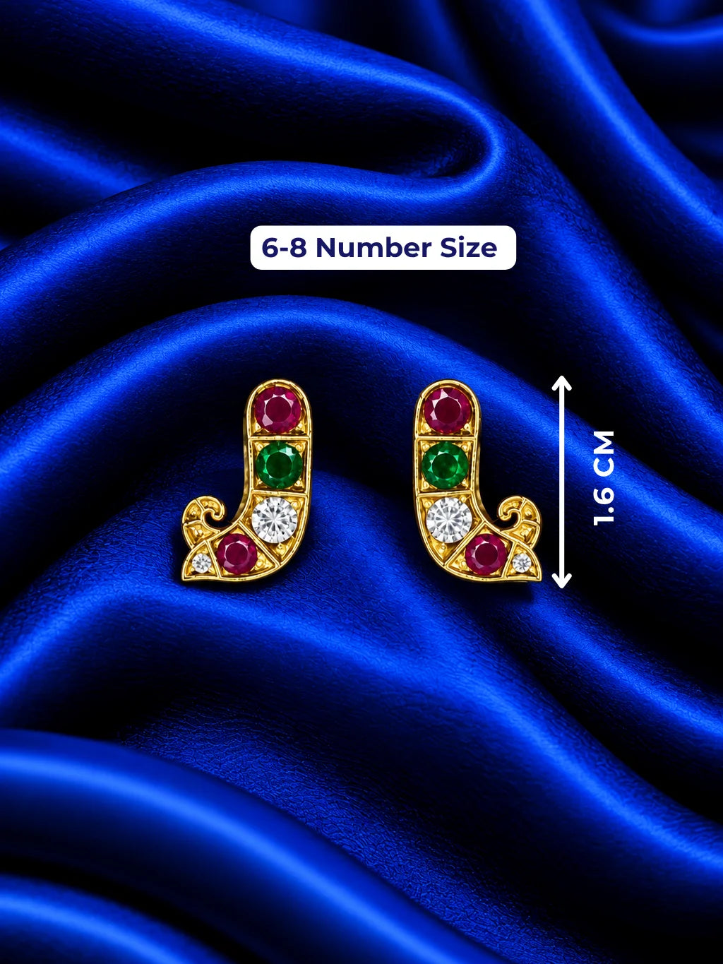Shop Triratna AD Earrings for Deity with ruby-red, emerald-green and sparkling white stones. Elegant multicolor jewellery for divine festive shringar.
