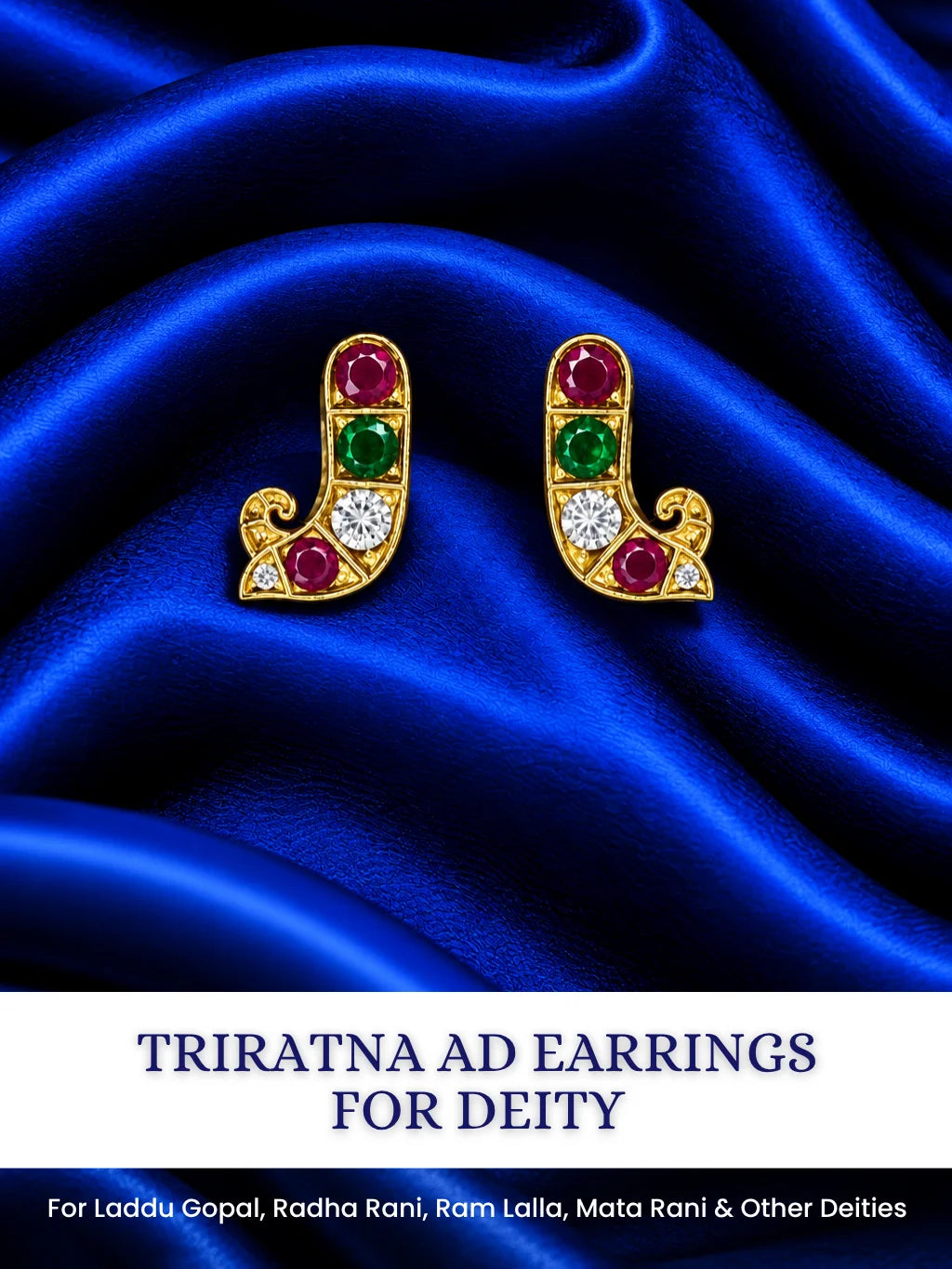 Shop Triratna AD Earrings for Deity with ruby-red, emerald-green and sparkling white stones. Elegant multicolor jewellery for divine festive shringar.
