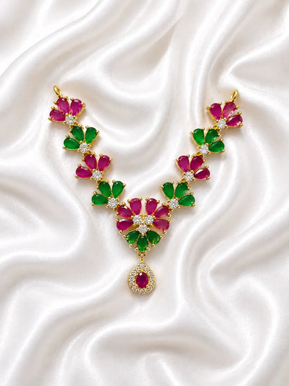 Vrindavan gold plated floral American Diamond garland with ruby and emerald stones for deity shringar