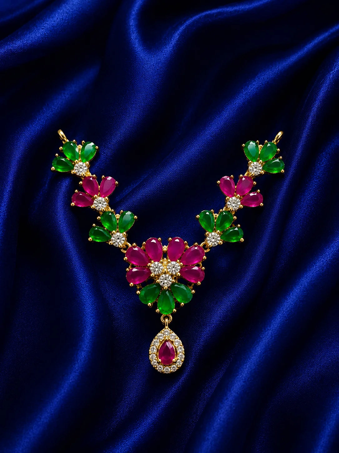 Vrindavan gold plated floral American Diamond garland with ruby and emerald stones for deity shringar