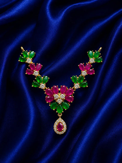 Vrindavan gold plated floral American Diamond garland with ruby and emerald stones for deity shringar