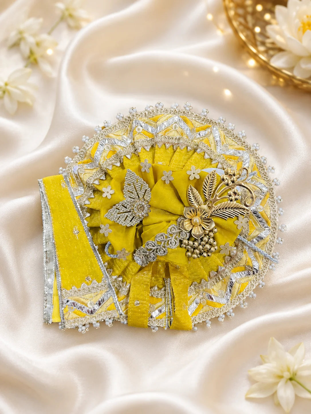 Handcrafted Gota Patti and Pearl Border Detail on Yellow Kanha Ji Poshak Ghera