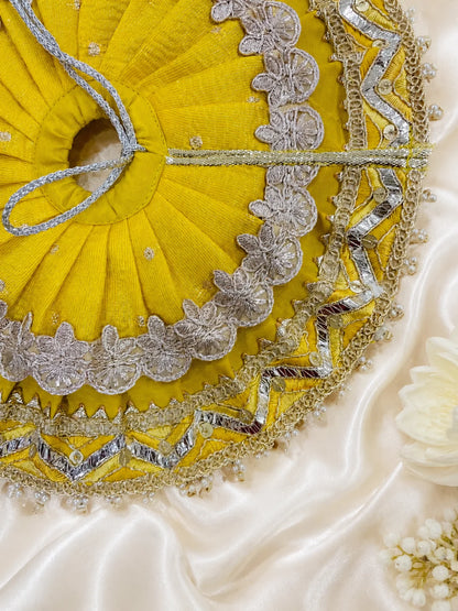 Handcrafted Gota Patti and Pearl Border Detail on Yellow Kanha Ji Poshak Ghera