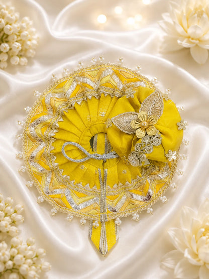 Handcrafted Gota Patti and Pearl Border Detail on Yellow Kanha Ji Poshak Ghera