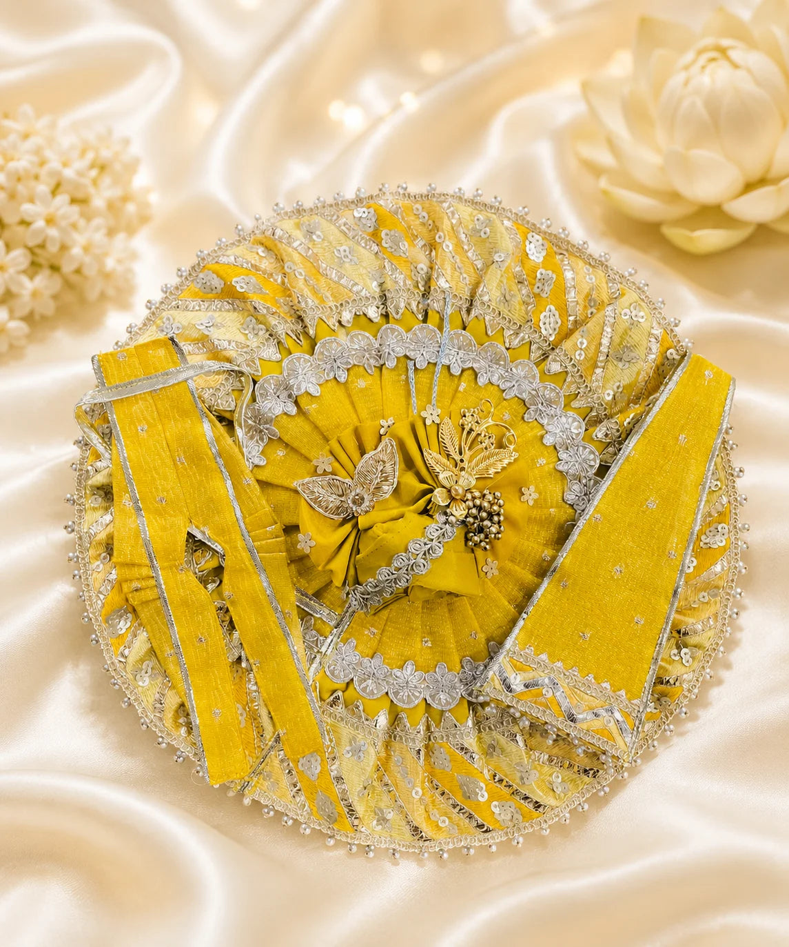 Handcrafted Gota Patti and Pearl Border Detail on Yellow Kanha Ji Poshak Ghera