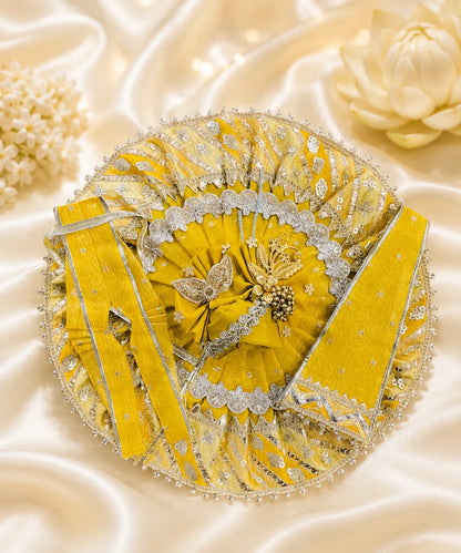 Handcrafted Gota Patti and Pearl Border Detail on Yellow Kanha Ji Poshak Ghera