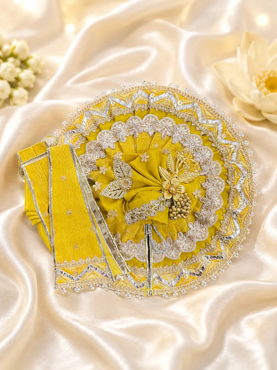 Handcrafted Gota Patti and Pearl Border Detail on Yellow Kanha Ji Poshak Ghera