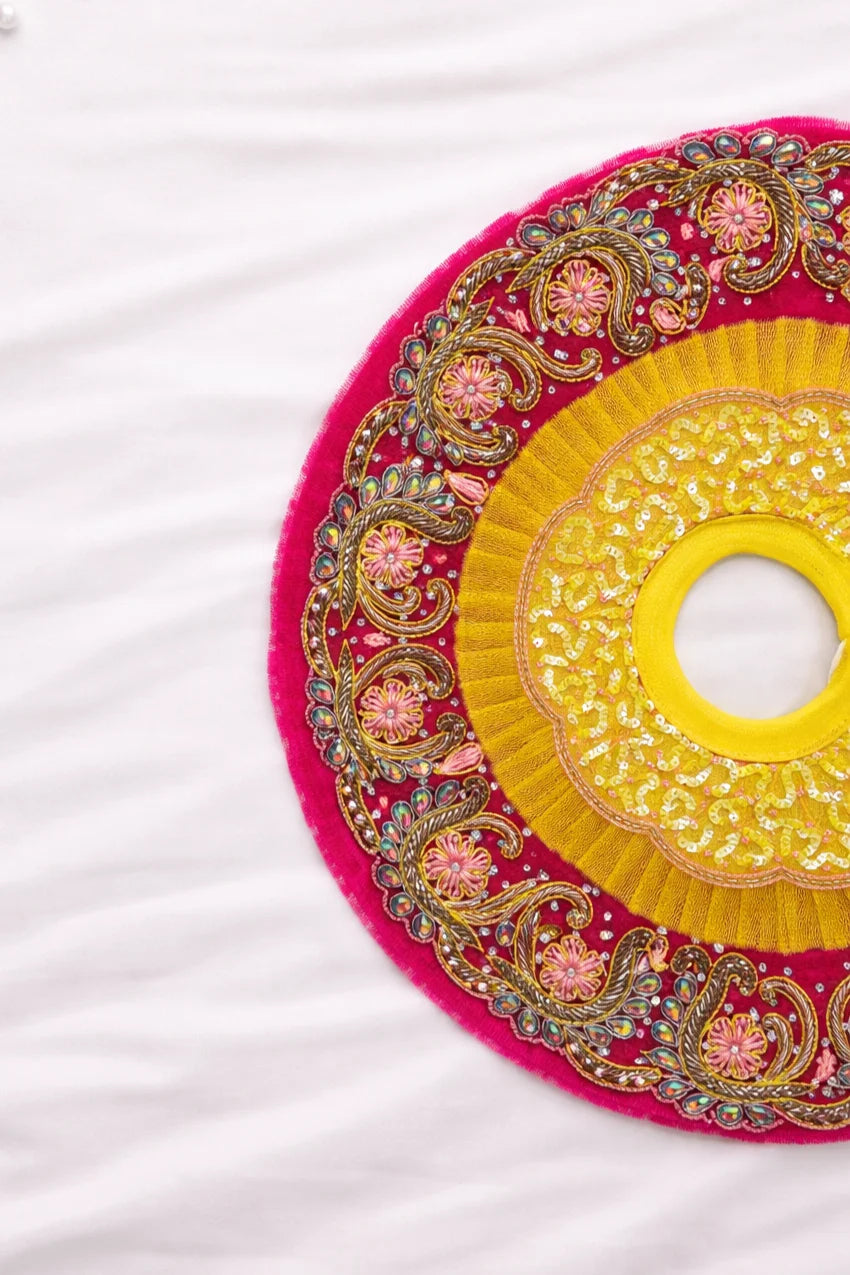 Yellow and pink Laddu Gopal dress with pagdi and patka royal shringar
