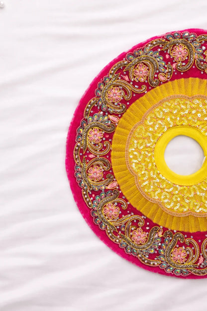 Yellow and pink Laddu Gopal dress with pagdi and patka royal shringar