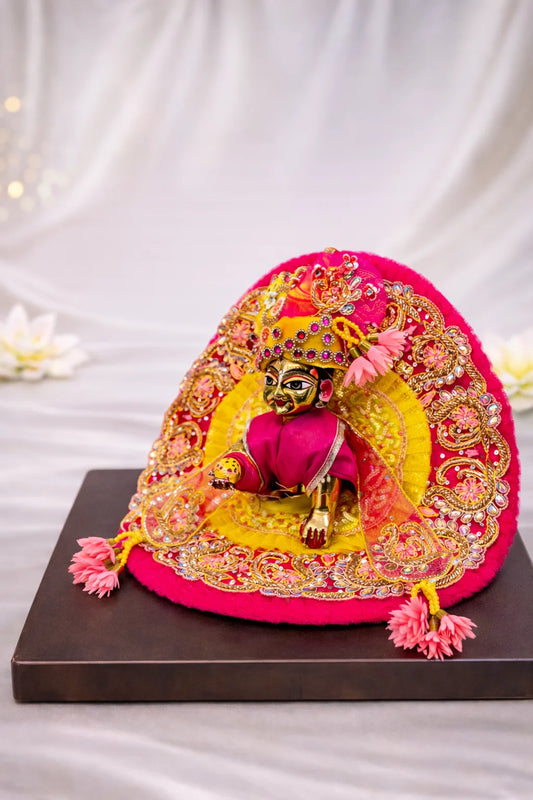 Yellow and pink Laddu Gopal dress with pagdi and patka royal shringar