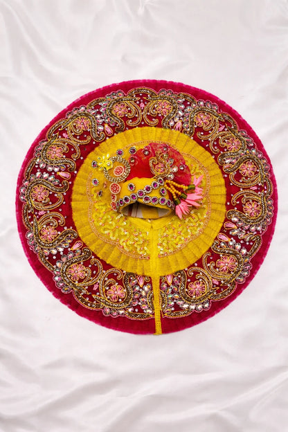 Yellow and pink Laddu Gopal dress with pagdi and patka royal shringar
