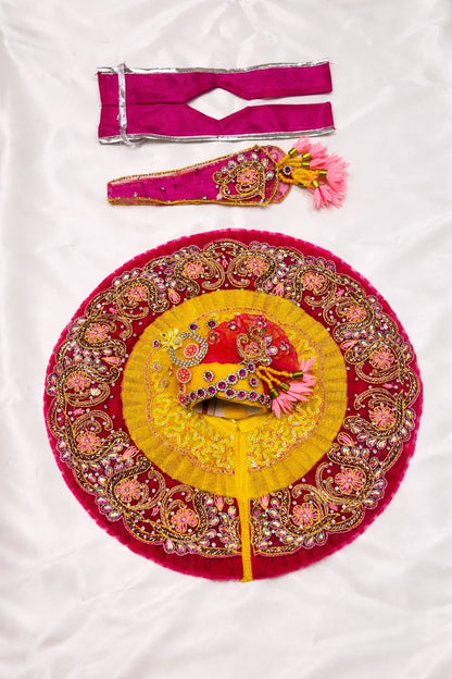 Yellow and pink Laddu Gopal dress with pagdi and patka royal shringar