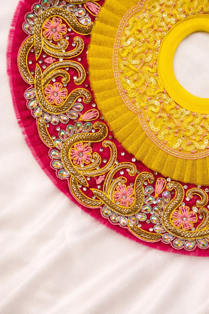 Yellow and pink Laddu Gopal dress with pagdi and patka royal shringar