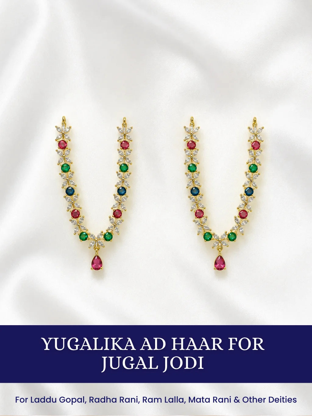 Yugalika AD Haar for Jugal Jodi, featuring sparkling AD stones for an elegant and coordinated Radha Krishna shringar.