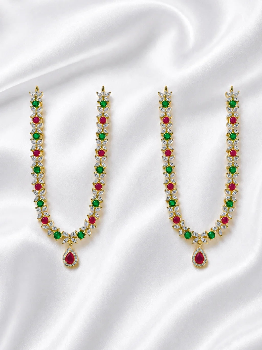 Yugalika AD Haar for Jugal Jodi, featuring sparkling AD stones for an elegant and coordinated Radha Krishna shringar.