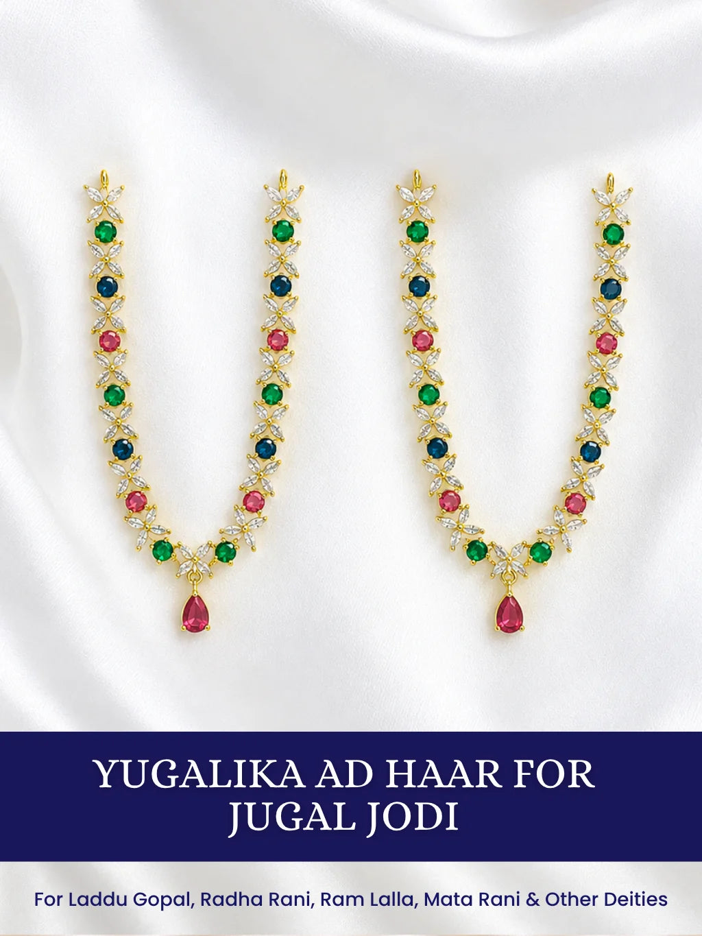Yugalika AD Haar for Jugal Jodi, featuring sparkling AD stones for an elegant and coordinated Radha Krishna shringar.