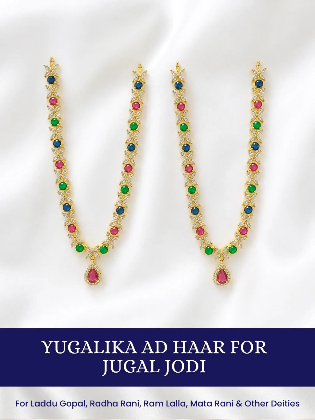 Yugalika AD Haar for Jugal Jodi, featuring sparkling AD stones for an elegant and coordinated Radha Krishna shringar.