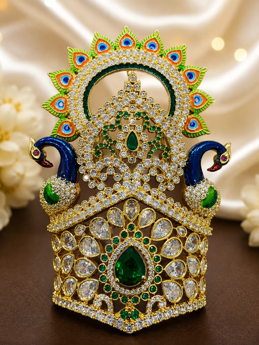 Premium gold plated Yuvraj shringar mukut crown with sparkling white American Diamonds and colored gemstones for Laddu Gopal deity