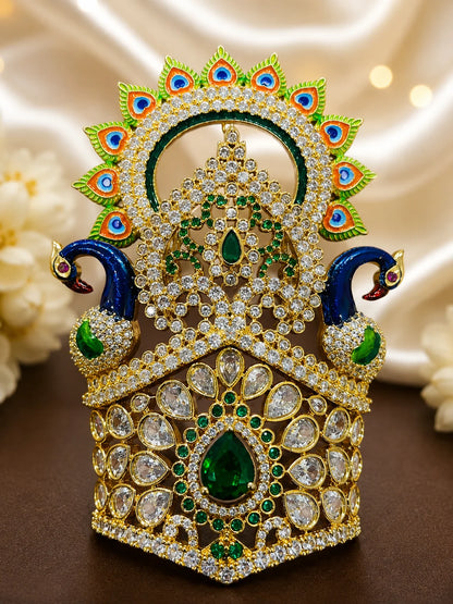Premium gold plated Yuvraj shringar mukut crown with sparkling white American Diamonds and colored gemstones for Laddu Gopal deity