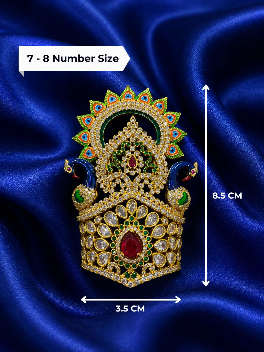 Premium gold plated Yuvraj shringar mukut crown with sparkling white American Diamonds and colored gemstones for Laddu Gopal deity