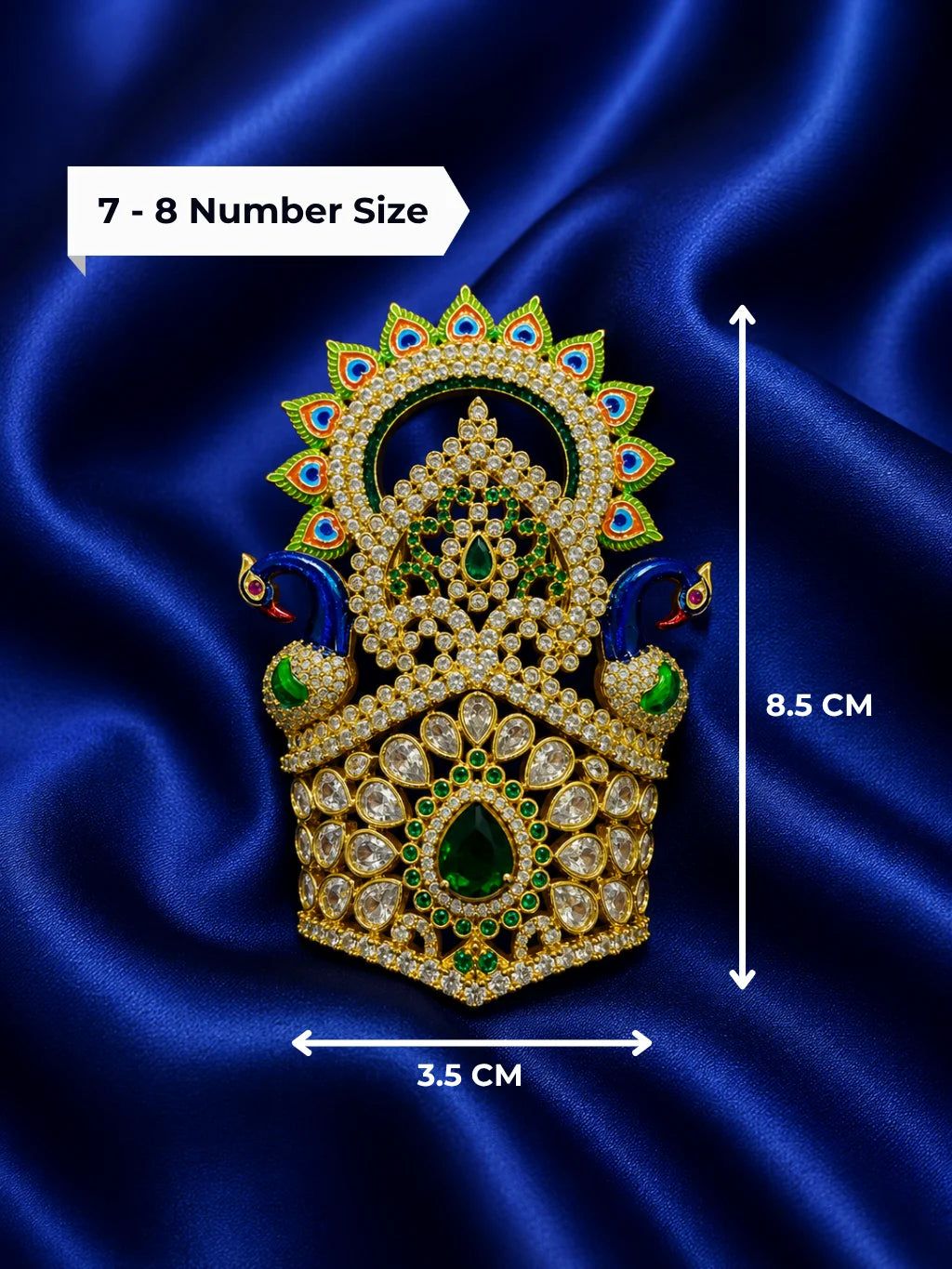 Premium gold plated Yuvraj shringar mukut crown with sparkling white American Diamonds and colored gemstones for Laddu Gopal deity
