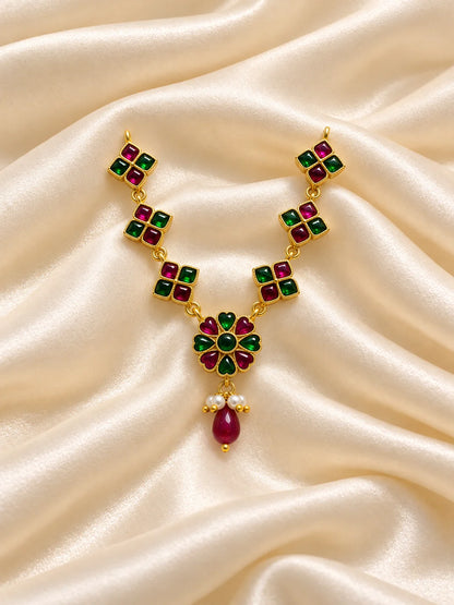 Panna Hridayika Necklace for Deity featuring emerald-green inspired heart design ornamentation for Laddu Gopal, Radha Rani and traditional Krishna Ji shringar.

