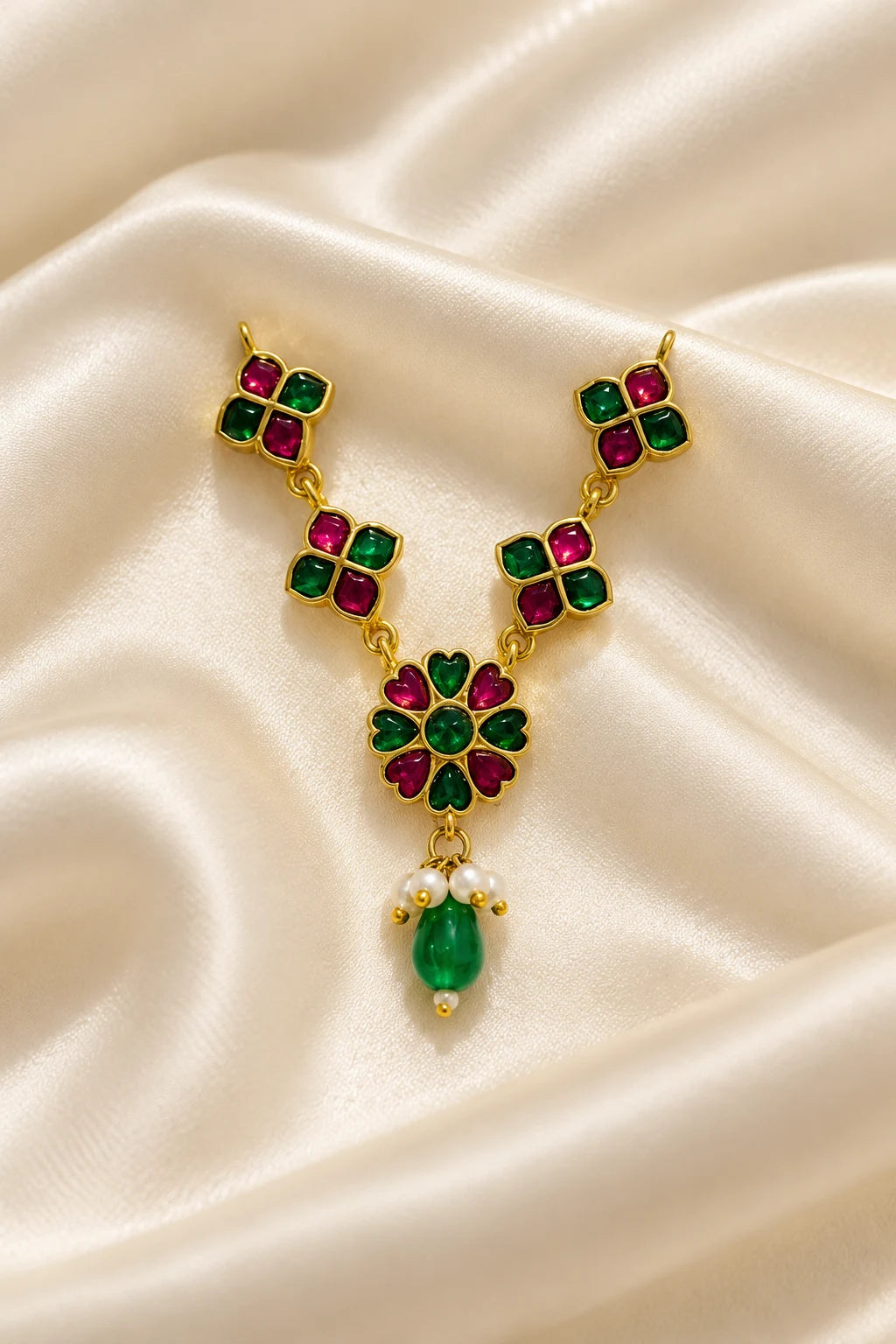 Panna Hridayika Necklace for Deity featuring emerald-green inspired heart design ornamentation for Laddu Gopal, Radha Rani and traditional Krishna Ji shringar.
